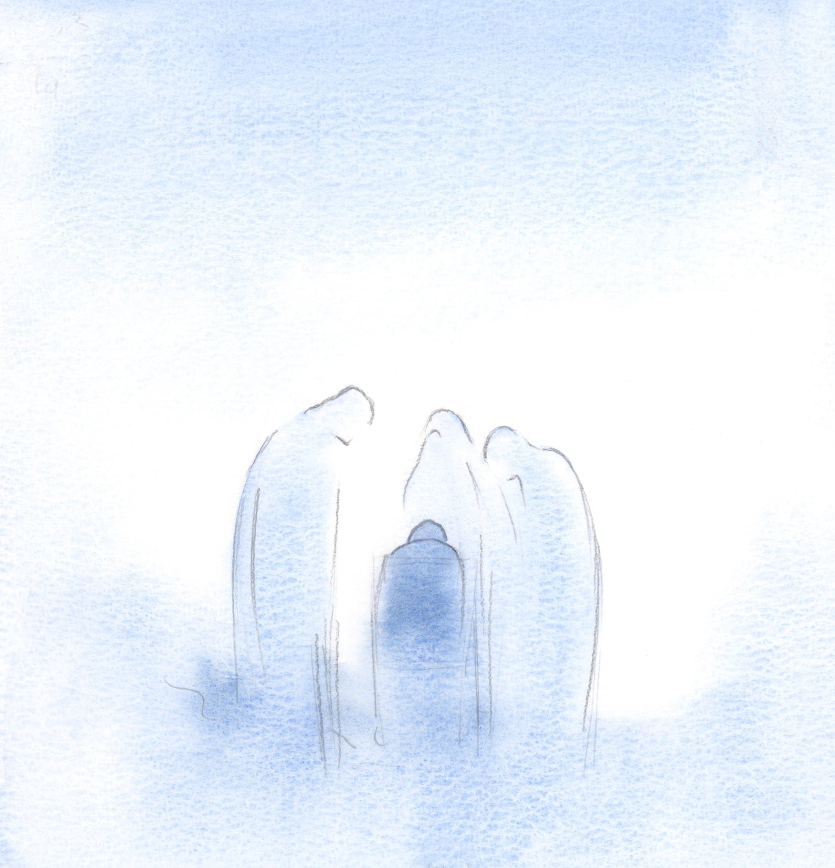 De hellige lente seg fremover, i stor bekymring, som foreldre som trøster et barn som har blitt skremt av en vond drøm., 2001 (w/c på papir) av Elizabeth Wang