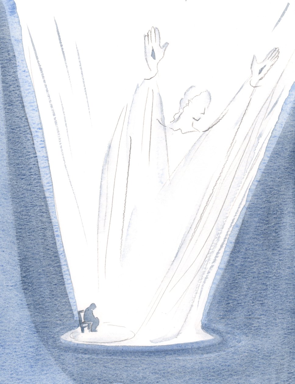 Den lille bønnen som stiger opp fra meg og fra Kristus er strålende og gigantisk., 2000 (w/c på papir) av Elizabeth Wang