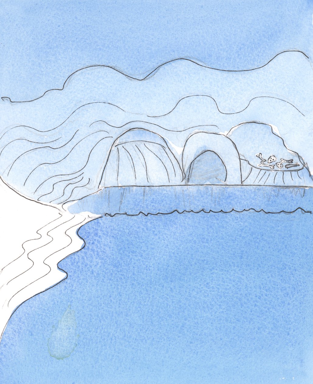 Sjelen full av Guds nåde ble representert av en myk skrånende strand, vasket av det varme havet, 2004 (w/c på papir) av Elizabeth Wang