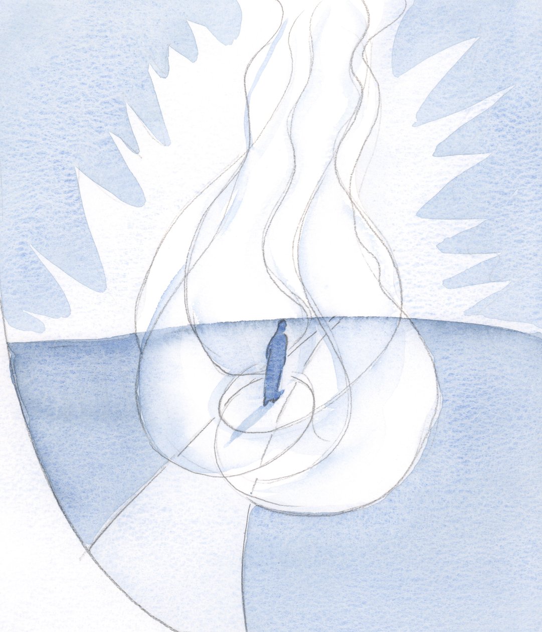 Sjelen hvis vilje er i samsvar med Guds, er foldet sammen i Guds kjærlighet: ledet av Kristus, ledet av Ånden, går til Faderen; Three Persons Giving One Flame, 2001 (w/c på papir) av Elizabeth Wang