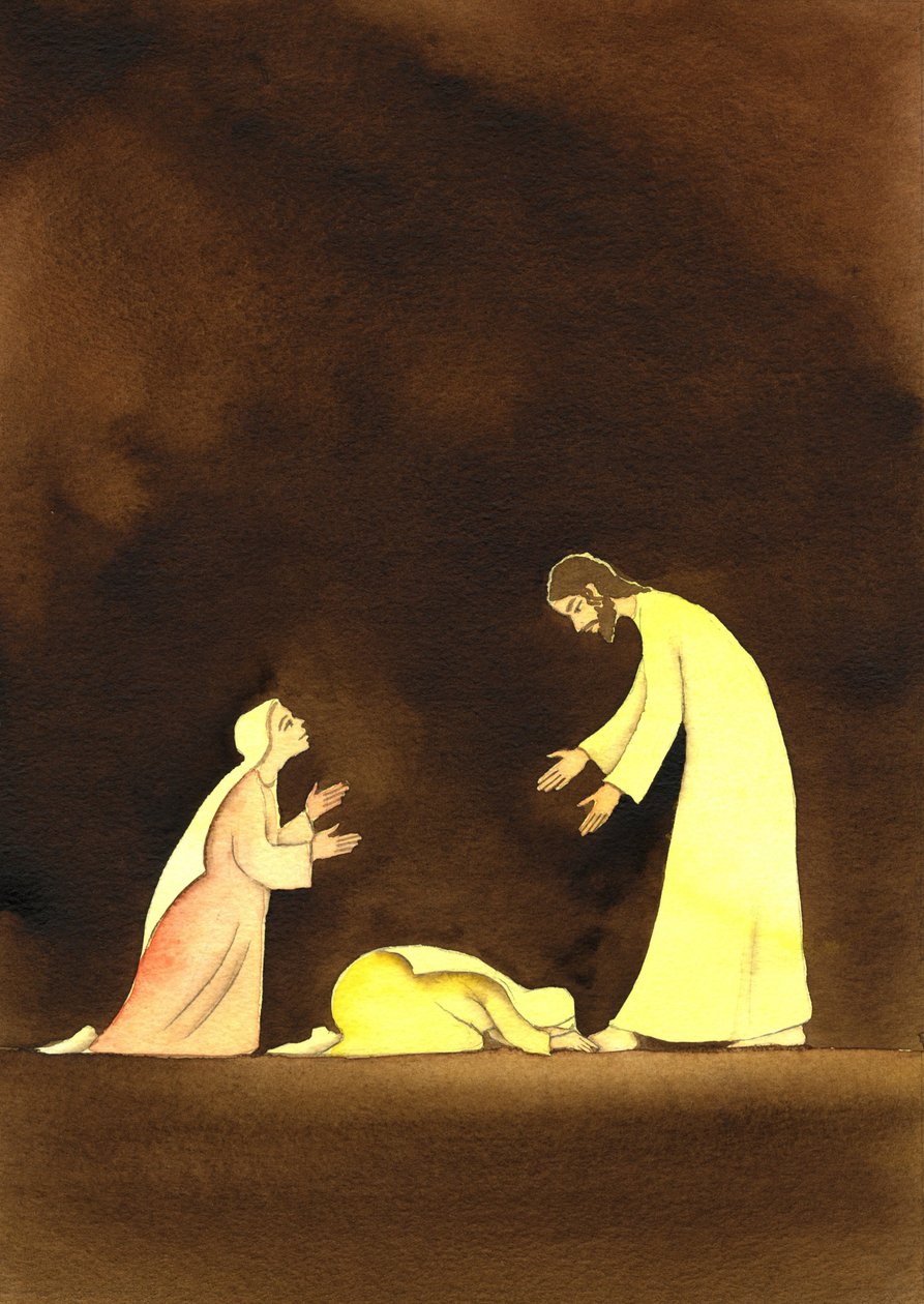 The two Marys with the Risen Christ, 2001 (w/c på papir) av Elizabeth Wang