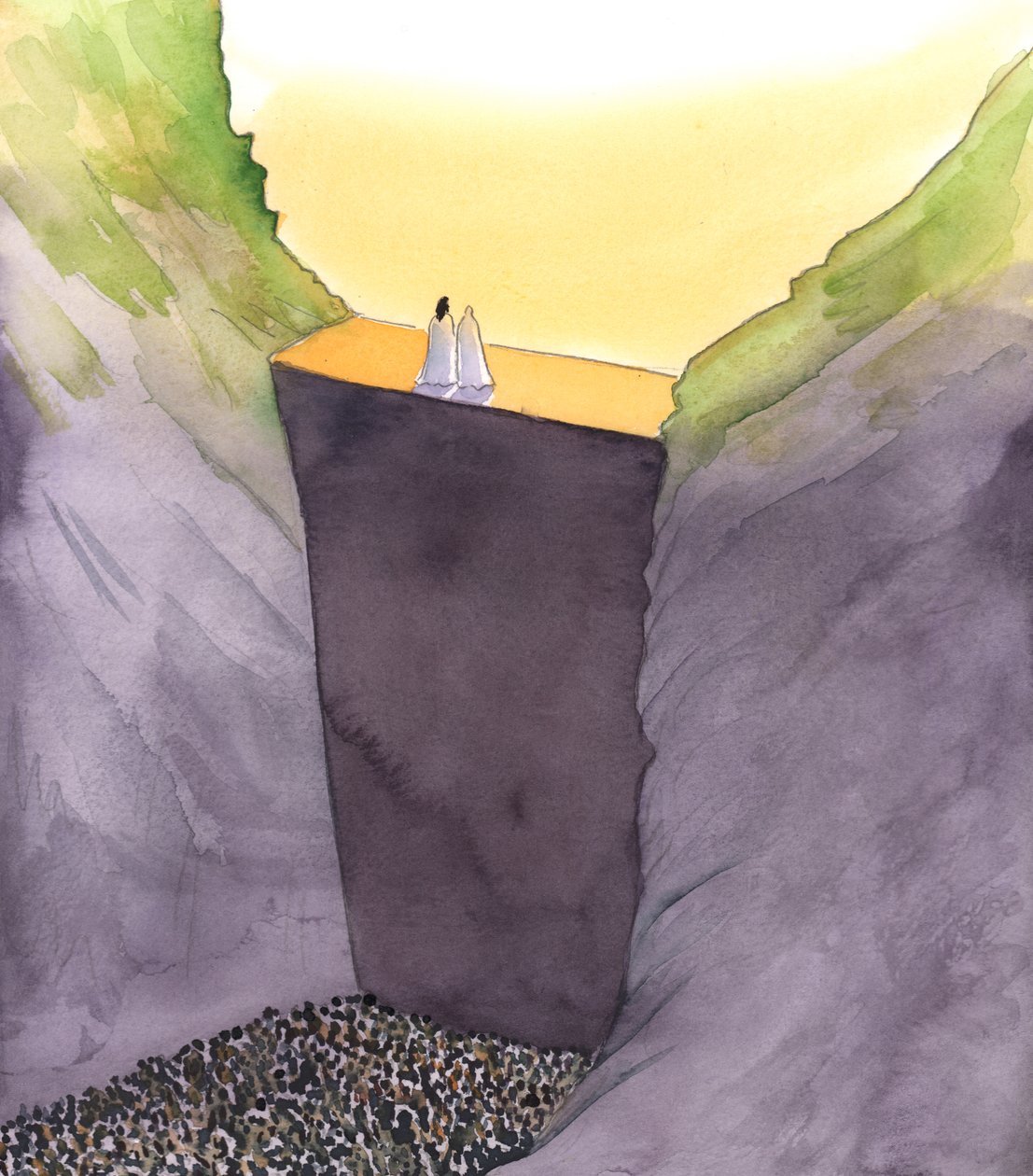 Syndens mur, som skiller oss fra Gud, skaleres bare av Kristus, som står sammen med sin mor. Han alene kan hjelpe oss å nå himmelens herlighet, 2002 (w/c på papir) av Elizabeth Wang