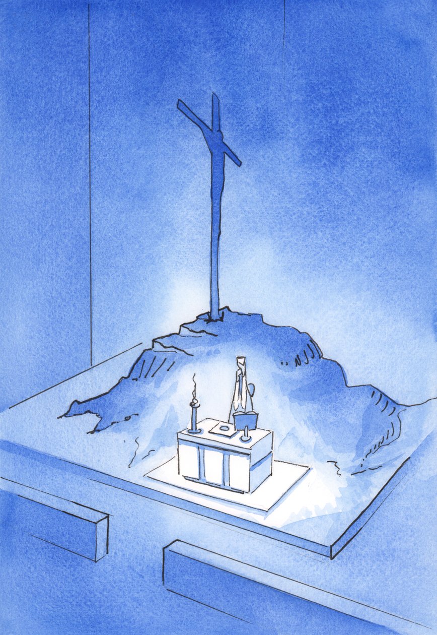 Dette er mitt blods beger: Golgata-offeret presenteres på nytt ved hver messe, 2001 (w/c på papir) av Elizabeth Wang