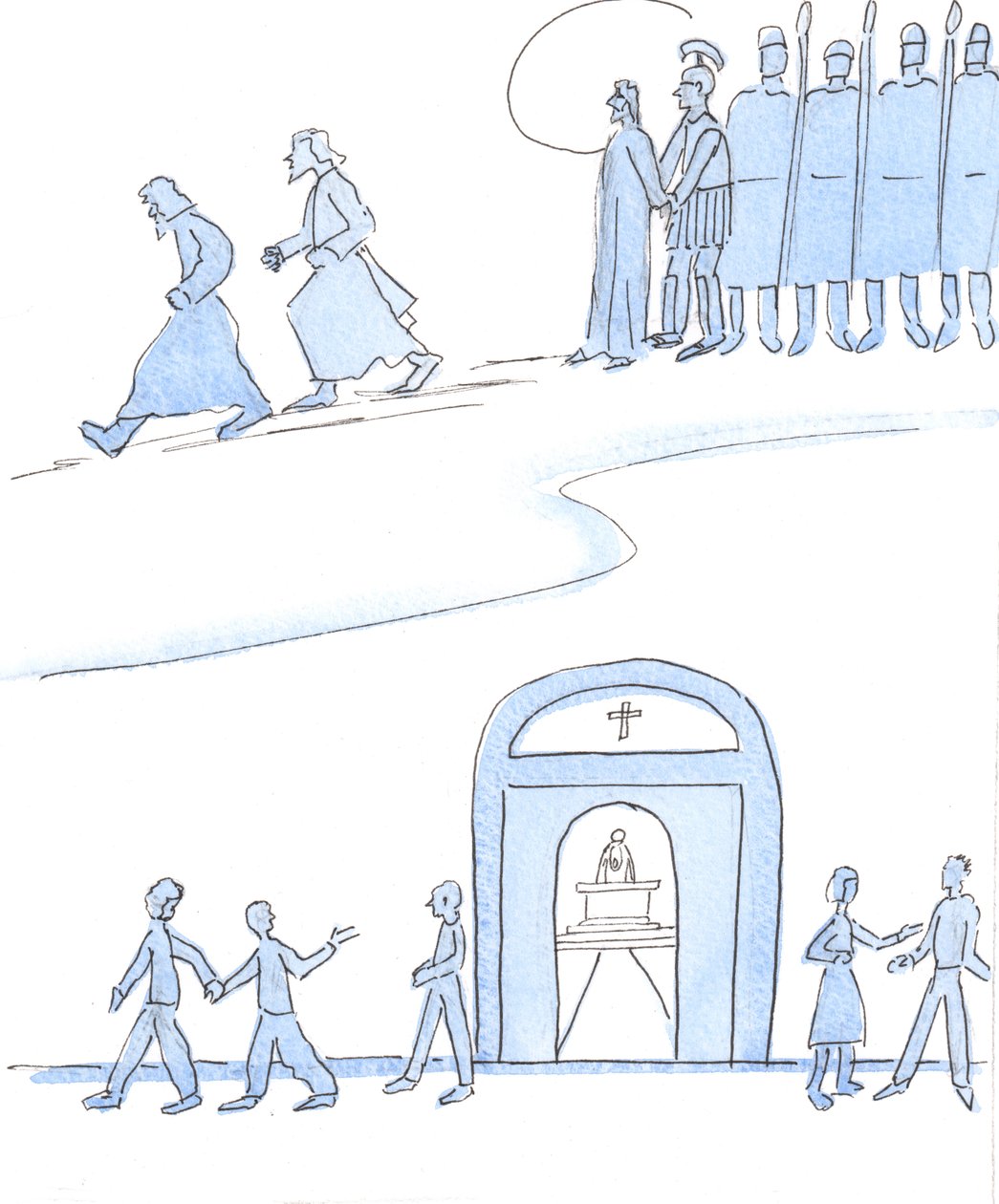 De Kristi venner i dag som ikke bryr seg om å gå til messe, oppfører seg som Kristi venner for lenge siden, som stakk av da Kristus ble arrestert og korsfestet., 2004 (w/c på papir) av Elizabeth Wang