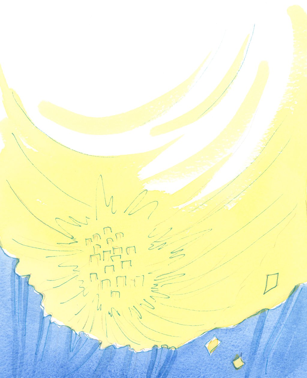 De som kommer inn i himmelen finner, som i et fremmed land, skjønnhetsspenning og nyhet, 2003 (w/c på papir) av Elizabeth Wang