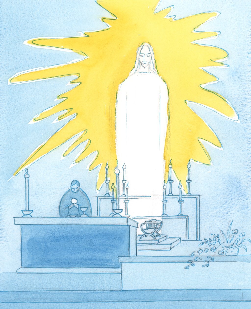 Sannelig, Kristus vår Gud er tilstede foran oss, kropp, blod, sjel og guddommelighet: Til stede i herlighet ved hver messe for å be til Faderen på våre vegne, 2003 (w/c på papir) av Elizabeth Wang