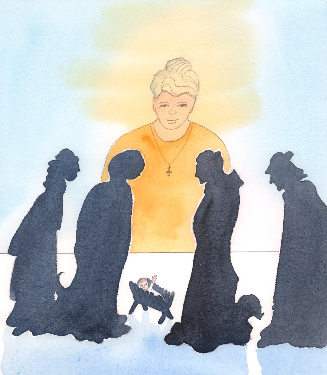 Vi har rett til å feire Jesu Kristi fødsel og nyte krybbesett og andre tradisjoner; men fremfor alt må vi hjelpe de trengende, til ære for Ham som kom for å hjelpe oss i vår nød, da vi var fanget i våre synder, 2004 (akvarell på papir) av Elizabeth Wang