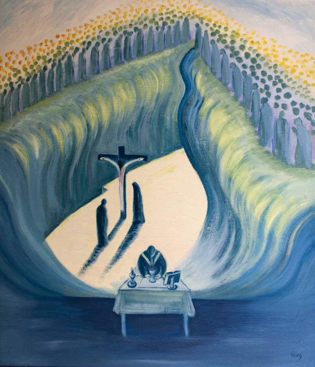 Vi bør se på med ærefrykt og ærbødighet når vi er forent med Golgata-offeret ved messen, 2001 (olje om bord) av Elizabeth Wang
