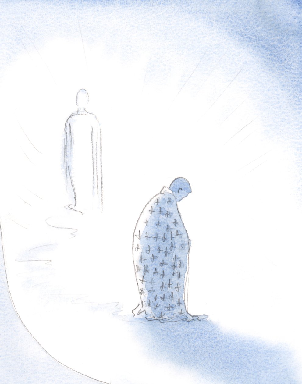 Når en sjel gir opp sine personlige ambisjoner, for Kristi kjærlighet, gir Kristus den kappen den vil bære når den går mot Faderen., 2001 (w/c på papir) av Elizabeth Wang
