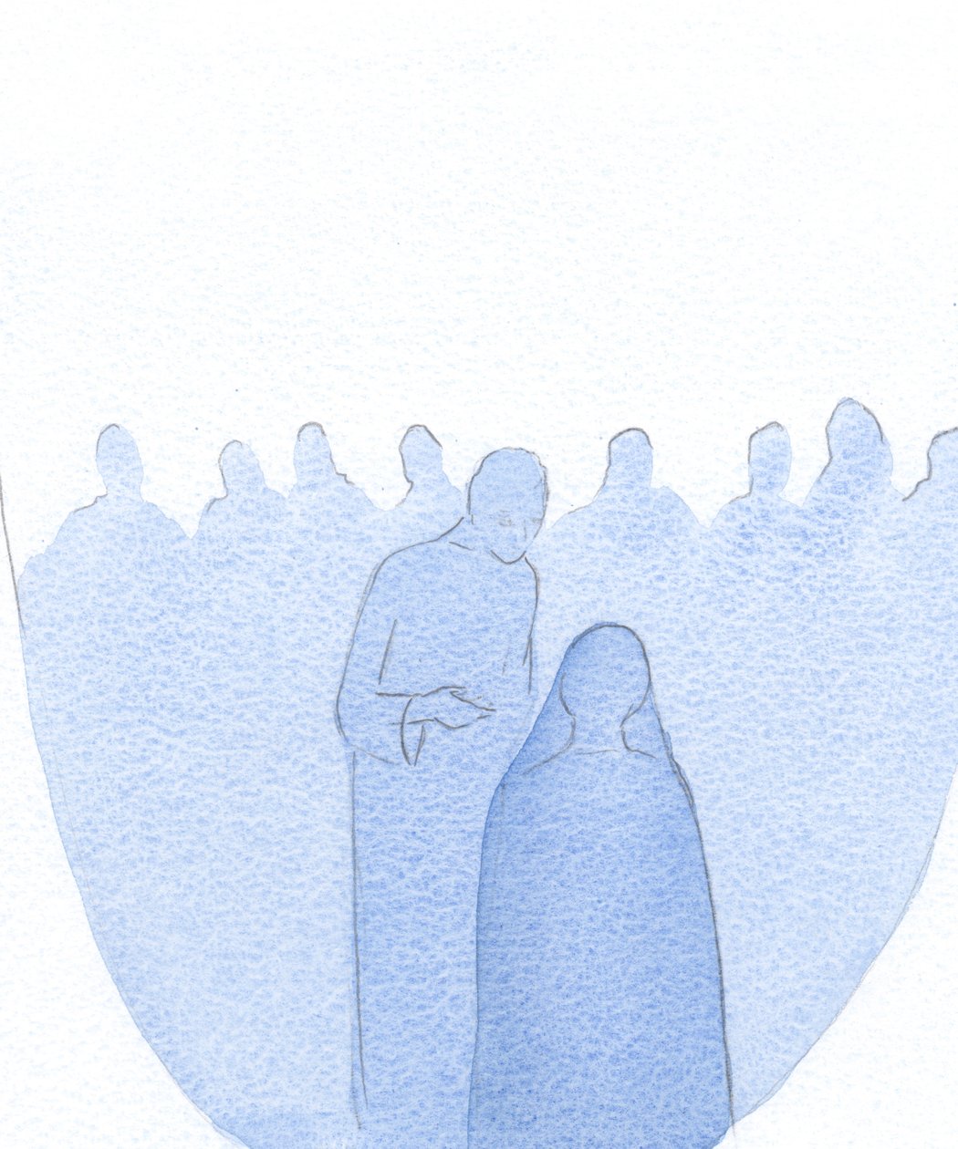 Da Jesusbarnet ble funnet i tempelet, bøyde han seg fremover og forklarte stille for sin hellige mor (med uendelig vennlighet) at hans arbeid allerede hadde begynt., 2001 (w/c på papir) av Elizabeth Wang