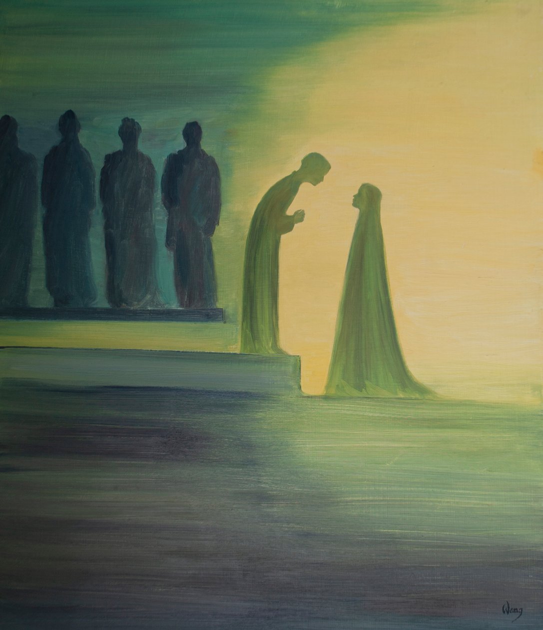 Da Jesusbarnet ble funnet i tempelet, bøyde han seg fremover og forklarte stille til sin hellige mor (med uendelig vennlighet) at hans arbeid allerede hadde begynt., 2001 (olje om bord) av Elizabeth Wang