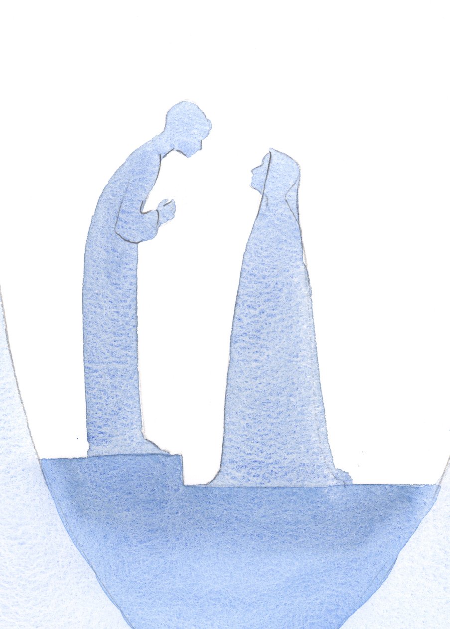 Da Jesusbarnet ble funnet i tempelet, bøyde han seg fremover og forklarte stille for sin hellige mor (med uendelig vennlighet) at hans arbeid allerede hadde begynt., 2001 (w/c på papir) av Elizabeth Wang
