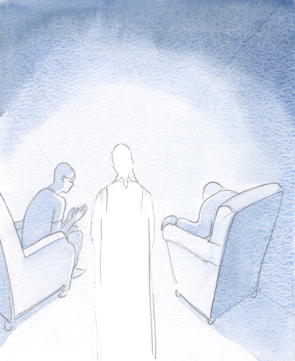 Når to eller tre er samlet for å be i Jesu navn, er han der mellom dem, 2000 (w/c på papir) av Elizabeth Wang