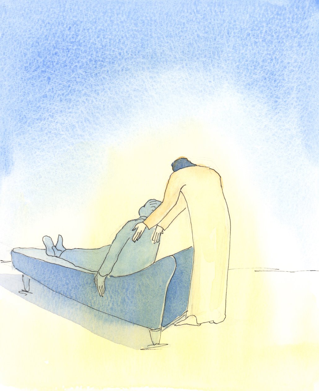 Når vi er syke, og Kristus kommer til oss i nattverden, er det som om han insisterer på å hjelpe oss å legge oss på en sofa, 2003 (w/c på papir) av Elizabeth Wang