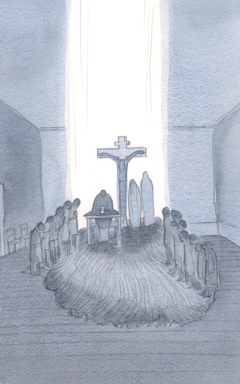 Når vi deltar og ofrer det ene, fryktinngytende offeret, finner vi Golgata, her ved alteret., 2001 (w/c på papir) av Elizabeth Wang