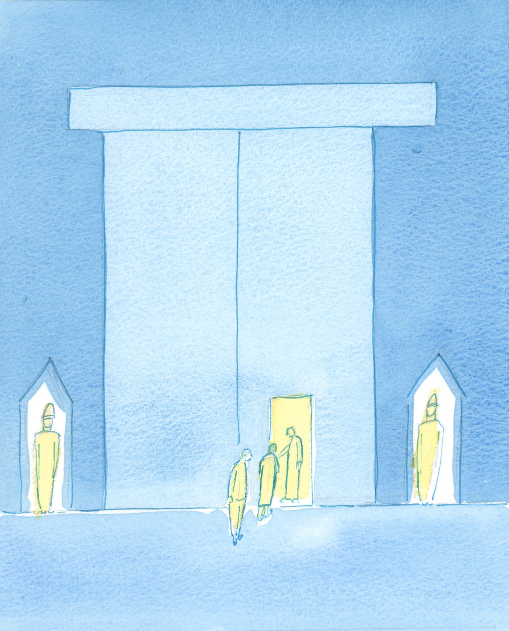 Når vi ber, nærmer vi oss palasset til vår himmelske konge, 2003 (w/c på papir) av Elizabeth Wang