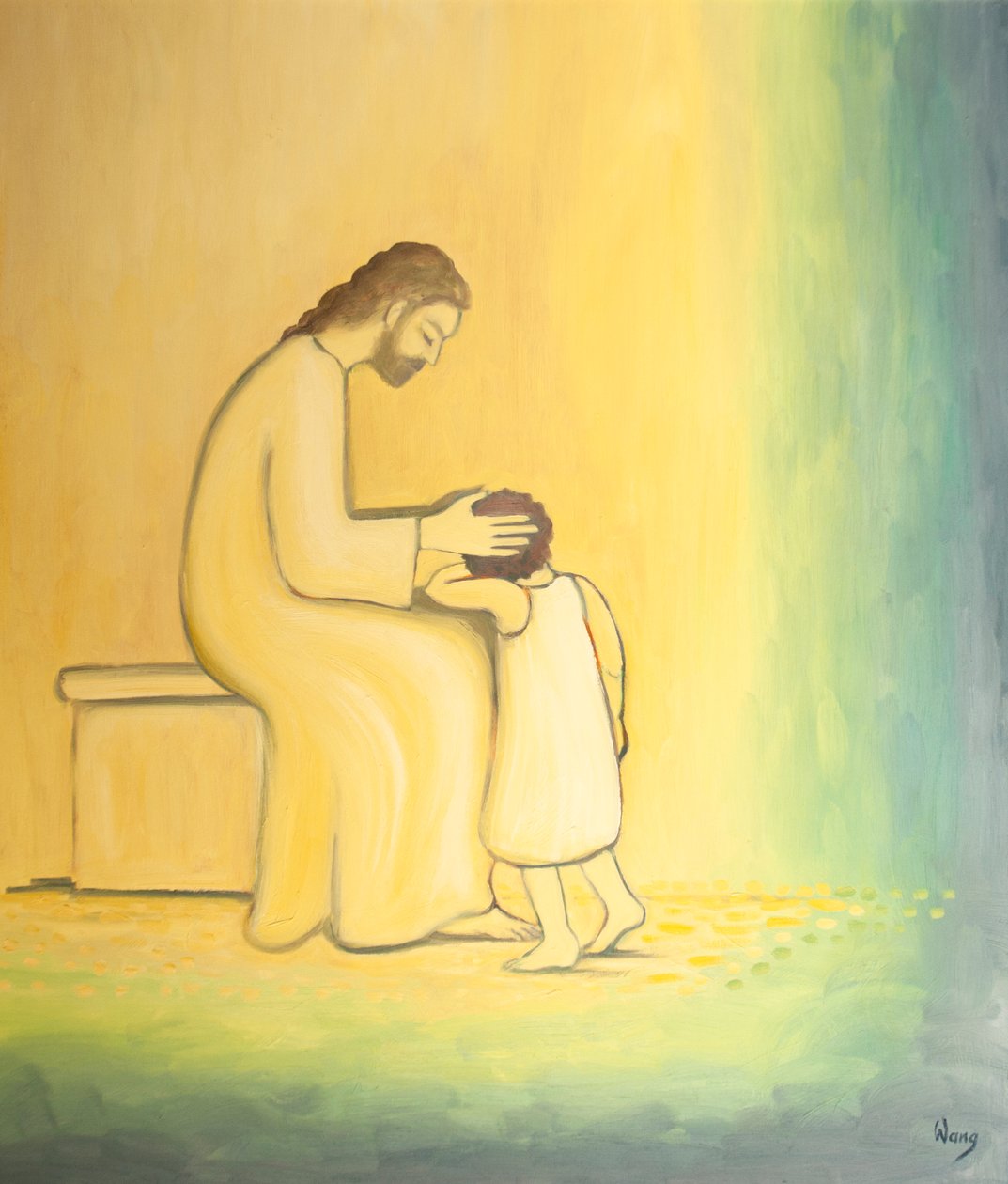Når vi omvender oss fra våre synder, ser Jesus Kristus på oss med ømhet akkurat som når en mor omfavner barnet sitt, 2001 (olje om bord) av Elizabeth Wang