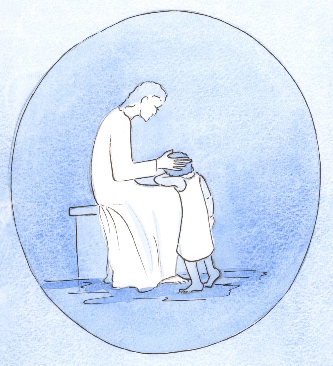 Når vi omvender oss fra våre synder, ser Jesus Kristus på oss med ømhet akkurat som når en mor omfavner barnet sitt, 2001 (w/c på papir) av Elizabeth Wang