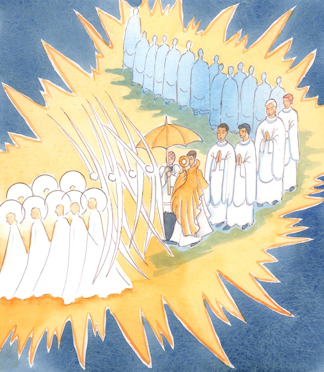 Hver gang vi hedrer Jesu nærvær i det hellige sakramentet, slutter englene og de hellige seg til oss i vår tilbedelse, 2004 (w/c på papir) av Elizabeth Wang