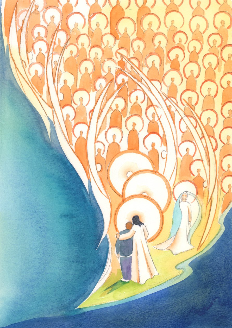 Når vi ber i Jesu navn, selv i mørke eller ensomhet, tar vi del i livet til hele himmelens selskap, 2004 (w/c på papir) av Elizabeth Wang