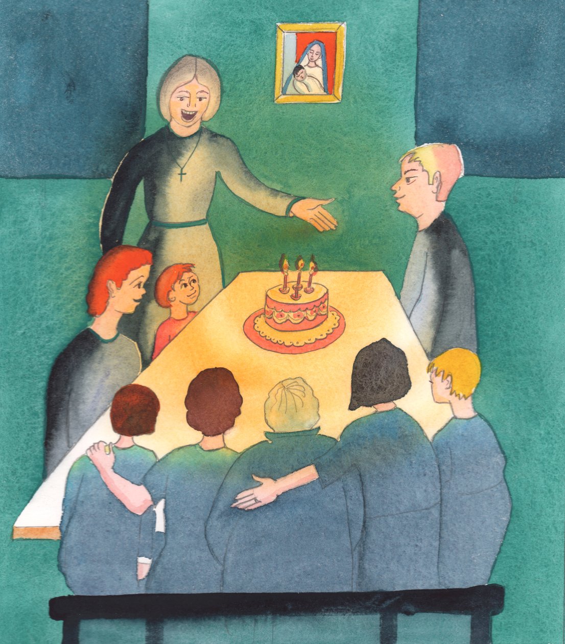 Der folk lytter til Kirken, og takker Gud for sine barn, og setter familiens behov foran sine egne ambisjoner, et hjem er som en oase av lys, 2003 (w/c på papir) av Elizabeth Wang
