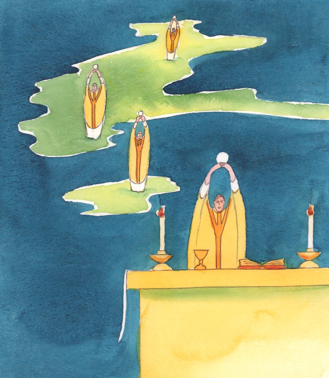 Hvor enn en katolsk prest ofrer det hellige messeoffer, er det Jesus Kristus, tilstede med sitt folk, 2000 (w/c på papir) av Elizabeth Wang