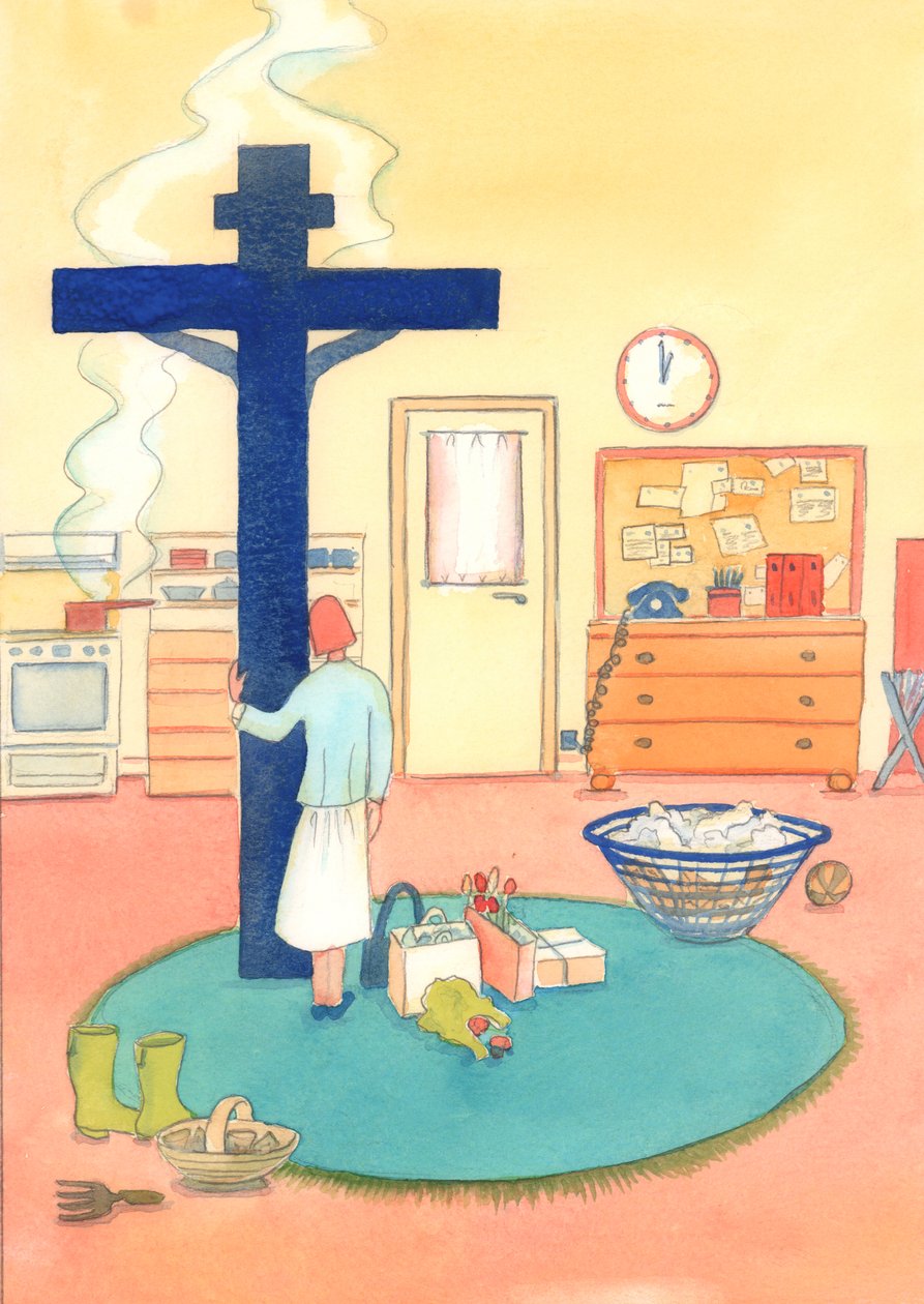 Den som tilber Kristus ved messen, og ønsker å forbli hos ham i ånden hele dagen, kan tilby ros og takk gjennom ham til Faderen hele dagen, 2003 (w/c på papir) av Elizabeth Wang