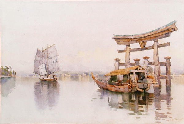 Torii-porten ved inngangen til Itsukushima-helligdommen, Miyajima, Japan (akvarell på papir) av Ella Du Cane
