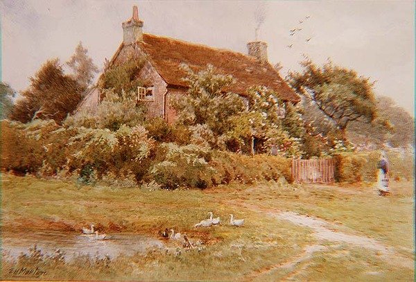 En kvinne og ender nær en hytte om sommeren av Elliot Henry Marten