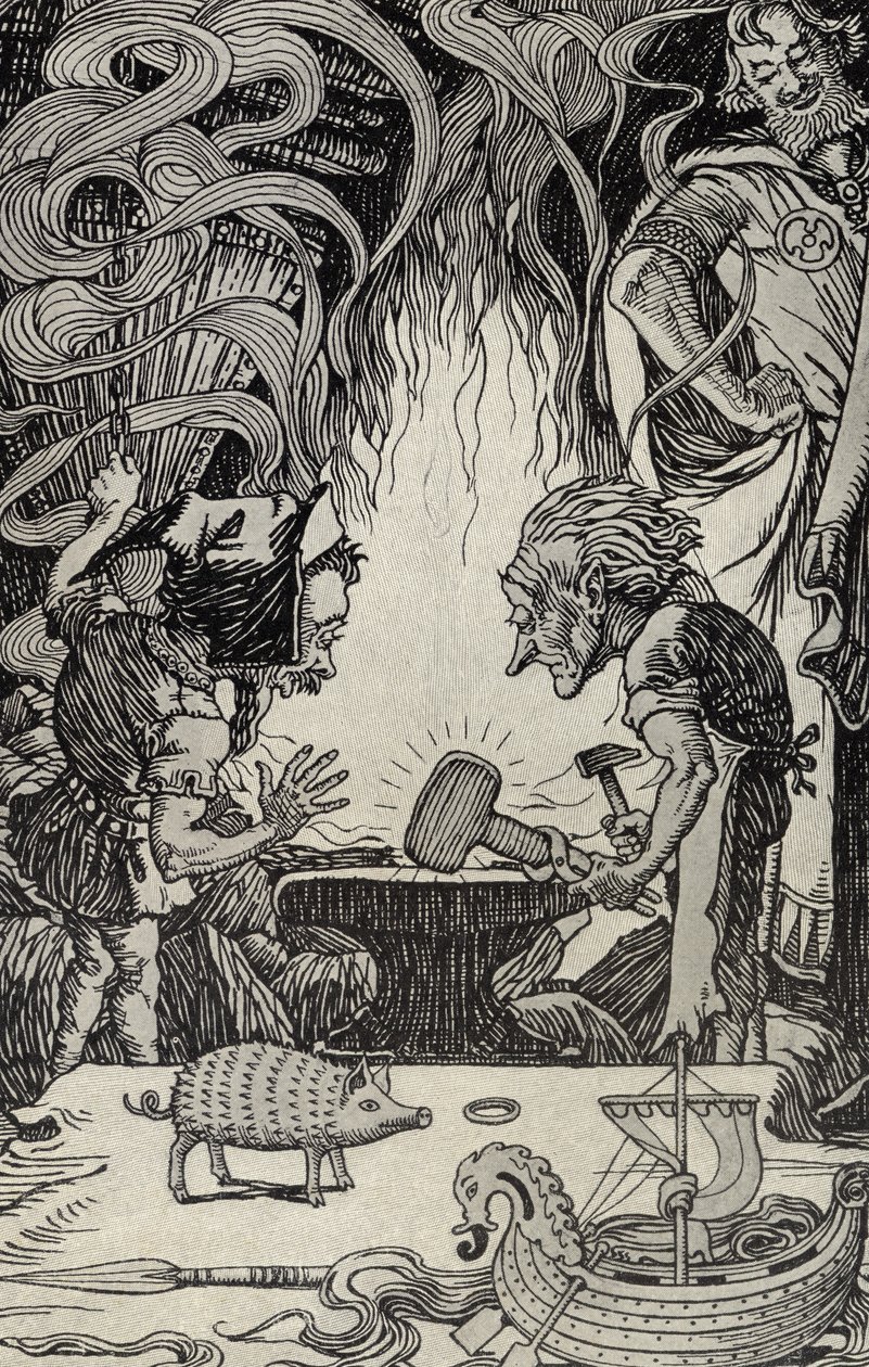 The Third Gift an Enormous Hammer, illustrasjon fra Myths from Many Lands, utgitt 1912 av Elmer Boyd Smith