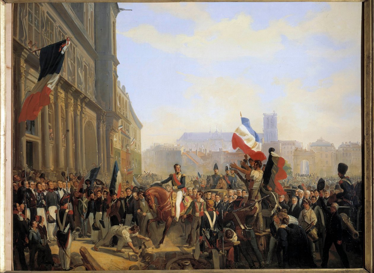 Revolusjonen i juli 1830: Louis Philippe, hertugen av Orleans (som ble konge av Frankrike Louis Philippe 1er) (1773-1850), generalløytnant for kongeriket ankom rådhuset i Paris, 31. juli av Eloi Firmin Feron