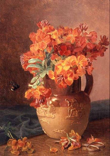 Et stilleben med veggblomster i en steintøymugge av Eloise Harriet Stannard