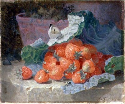 Jordbær i et kålblad med en blomsterpotte bak av Eloise Harriet Stannard