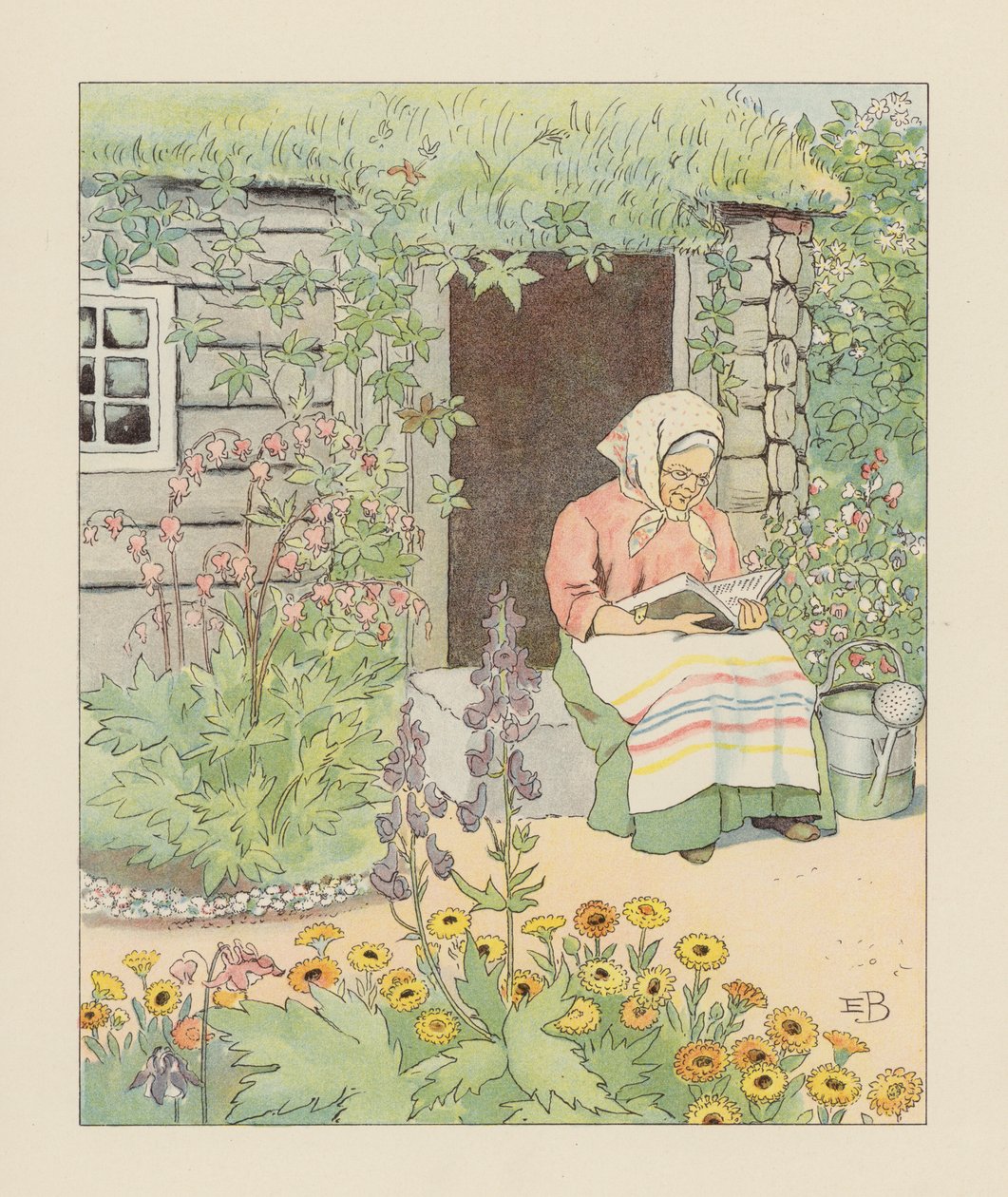 Illustrasjon for Blondchen in Bluten (fargelitografi) av Elsa Beskow