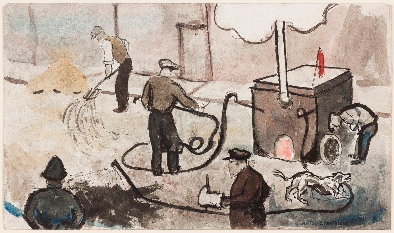 London: East End street works, ca. 1935 (blekk og akvarell på papir) av Elwin Hawthorne