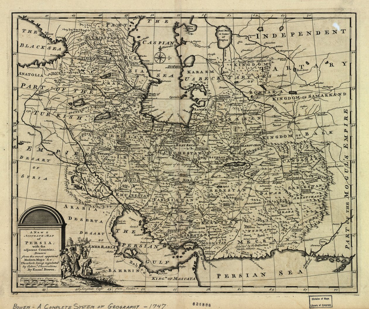 Kartet over det persiske riket i 1747 på tidspunktet for Afsharid -dynastiet av Emanuel Bowen