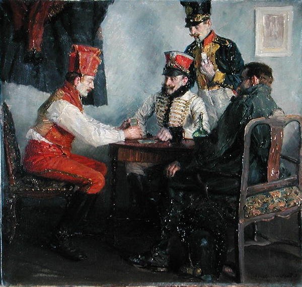 Ved kortbordet (olje på lerret) av Emanuel Bachrach Baree