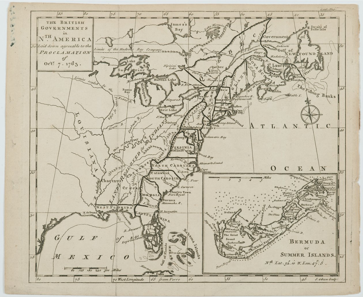 Kart over de britiske regjeringene i Nord-Amerika, gravert av J. Gibson av Emanuel Bowen
