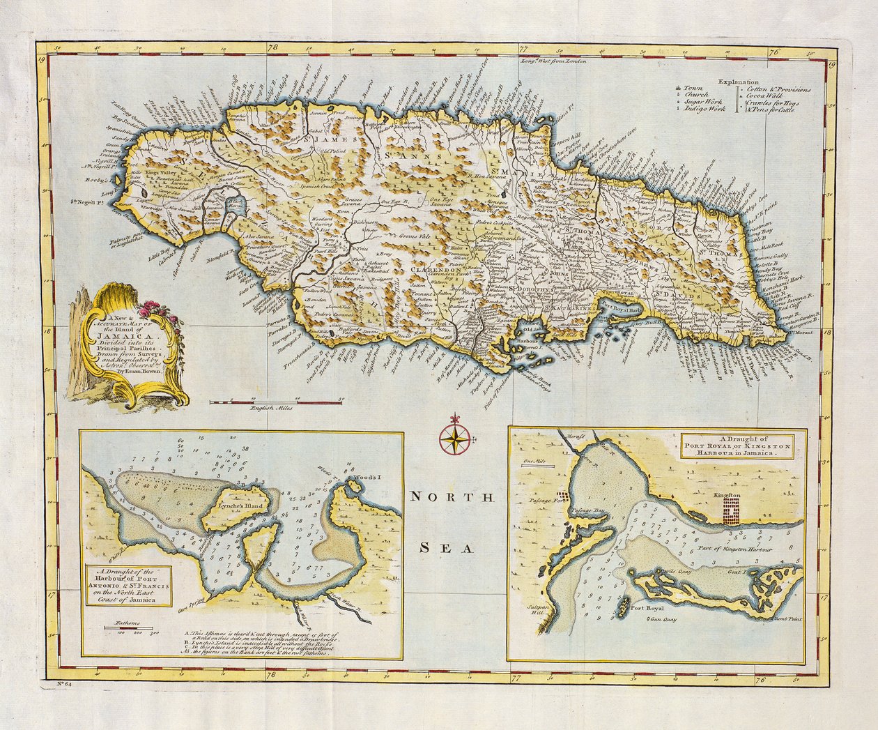 Kart over øya Jamaica, delt inn i hovedsognene ca. 1760 (håndfarget gravering) av Emanuel Bowen