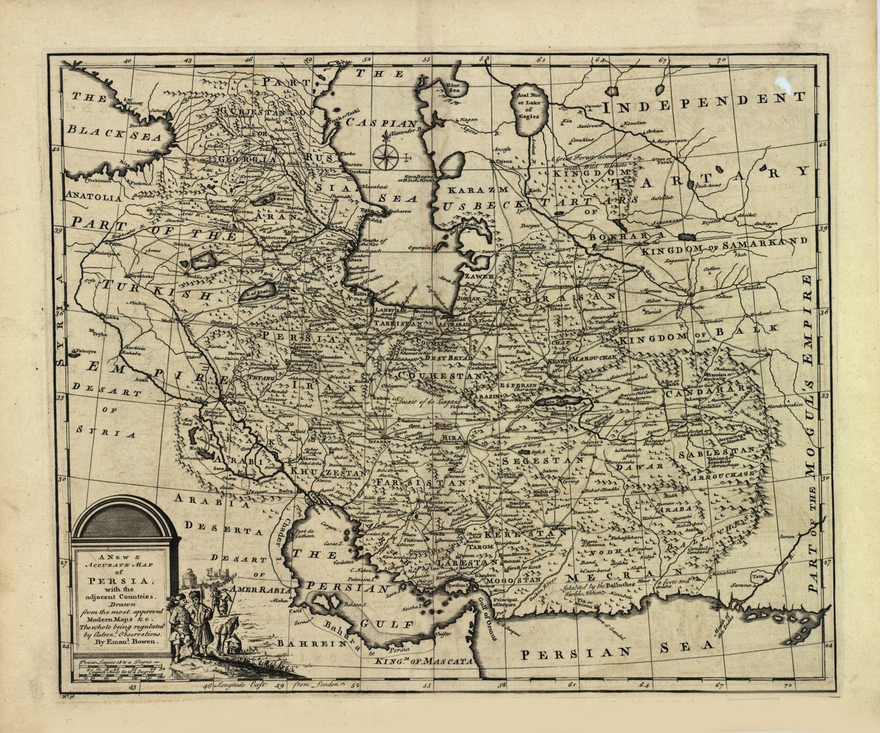 Nytt og nøyaktig kart over Persia, med Safavid- og Mughal-riket av Emanuel Bowen