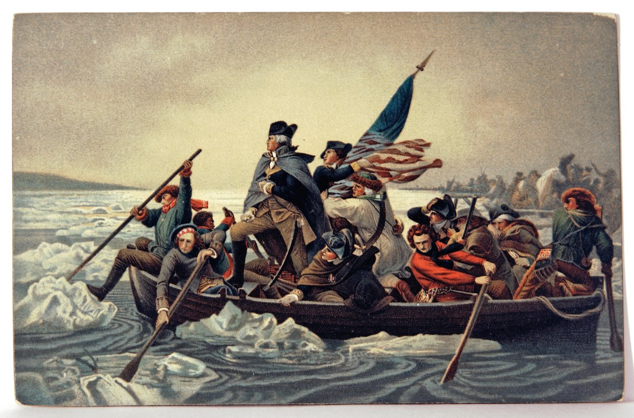 Historie. USA. George Washington krysser Delaware av Emanuel Gottlieb (after) Leutze