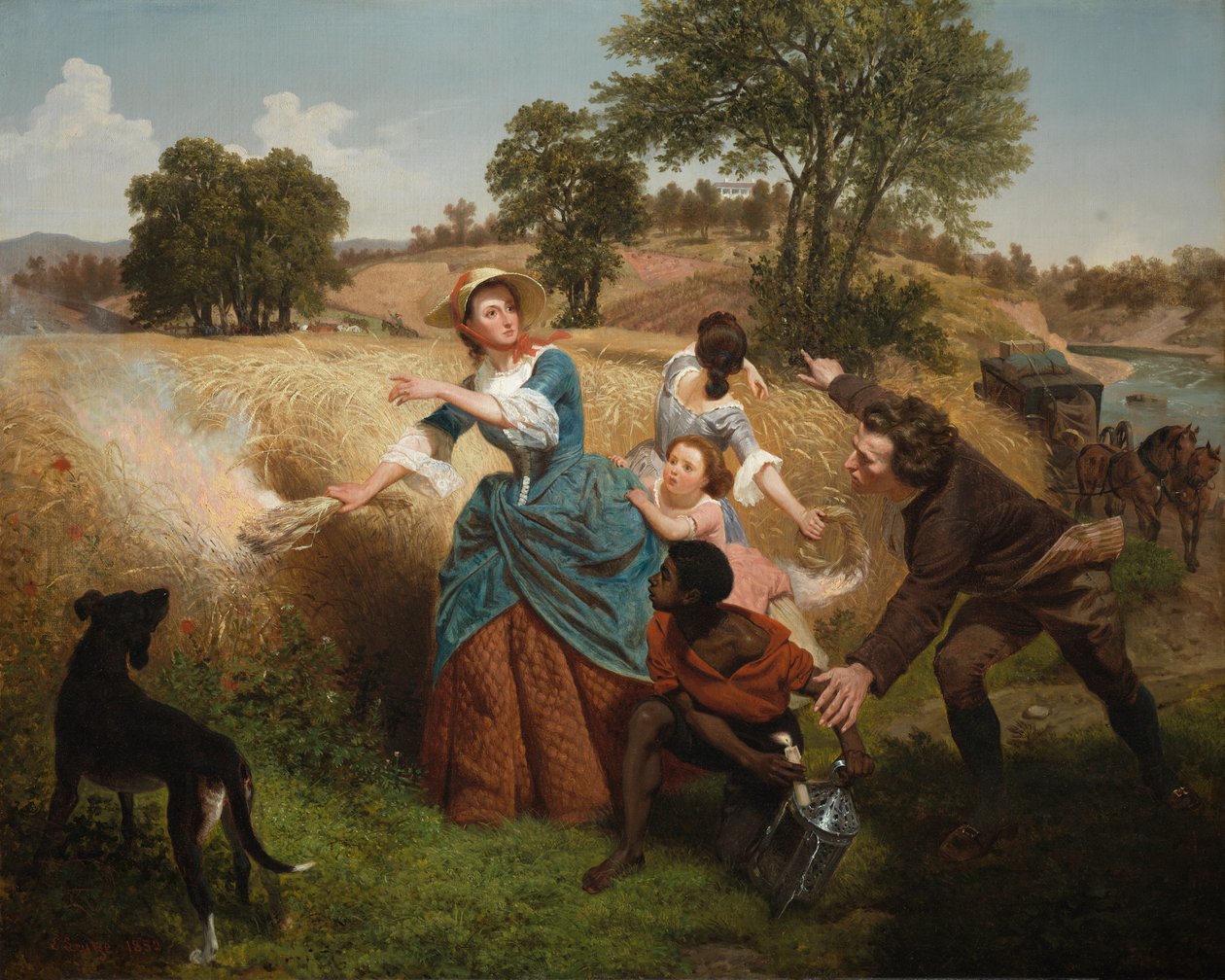 Fru Schuyler brenner hvetemarkene sine ved britenes fremmarsj av Emanuel Gottlieb Leutze