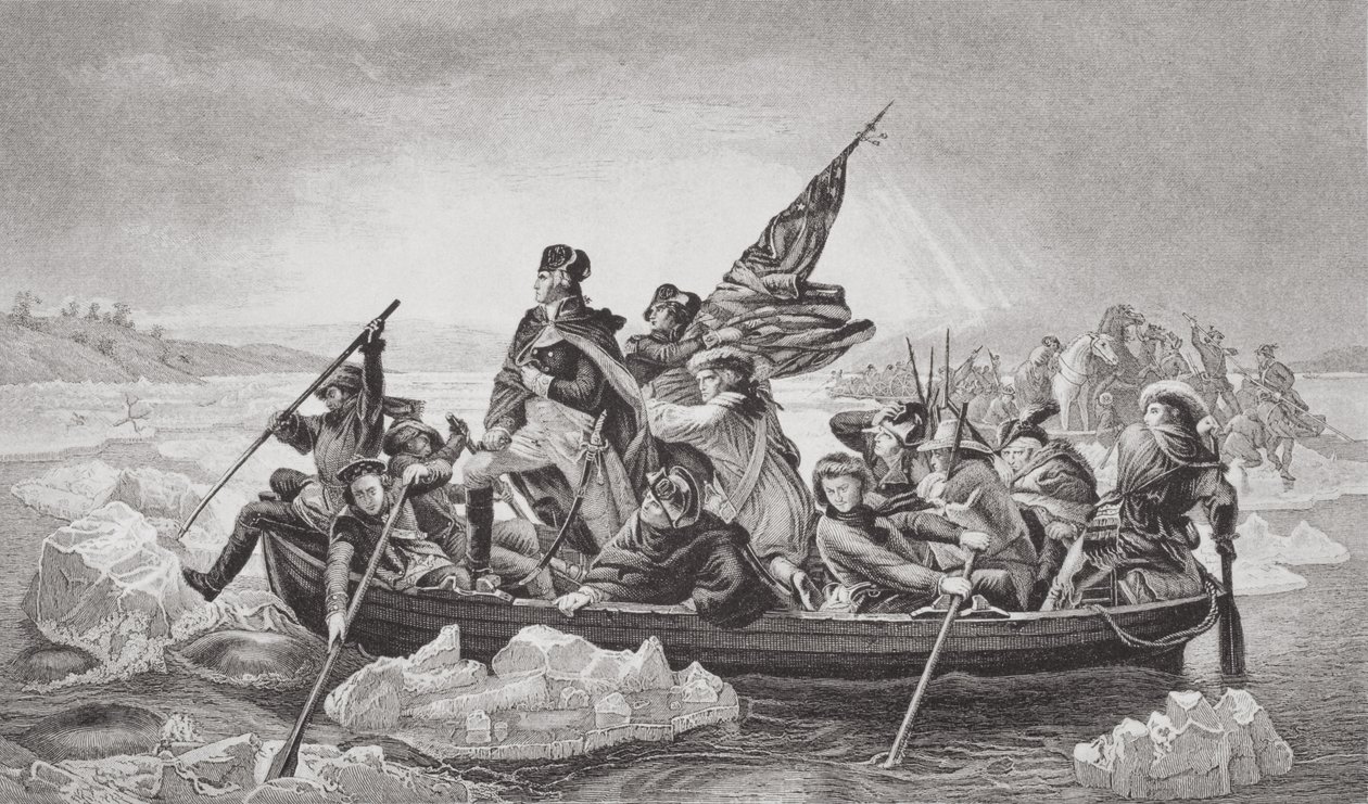 Washington krysser Delaware nær Trenton, New Jersey, julen 1776, fra "Illustrasjoner av engelsk og skotsk historie" bind II av Emanuel Gottlieb Leutze