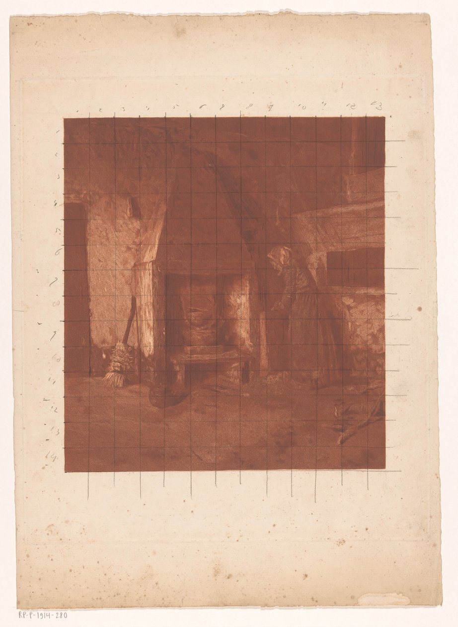 Bondekvinne som står ved en peis av Emanuel Samson van Beever