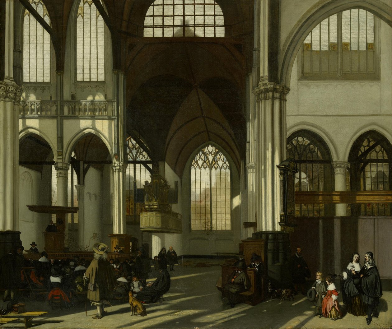 Interiør i Oude Kerk i Amsterdam, utsyn gjennom tverrskipet mot nord av Emanuel de Witte