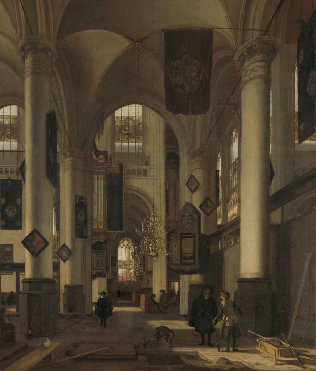 Interiør i en protestantisk gotisk kirke med motiver fra Oude og Nieuwe Kerk i Amsterdam av Emanuel de Witte
