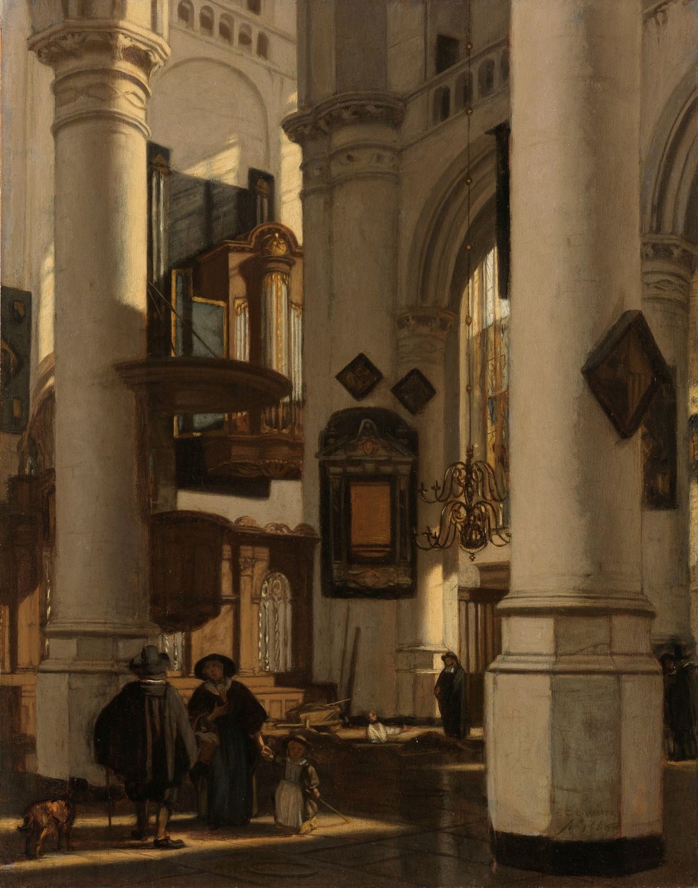 Interiør i en protestantisk, gotisk kirke, med en graver i koret Interiør i en protestantisk gotisk kirke med motiver fra de gamle og nye kirkene i Amsterdam av Emanuel de Witte