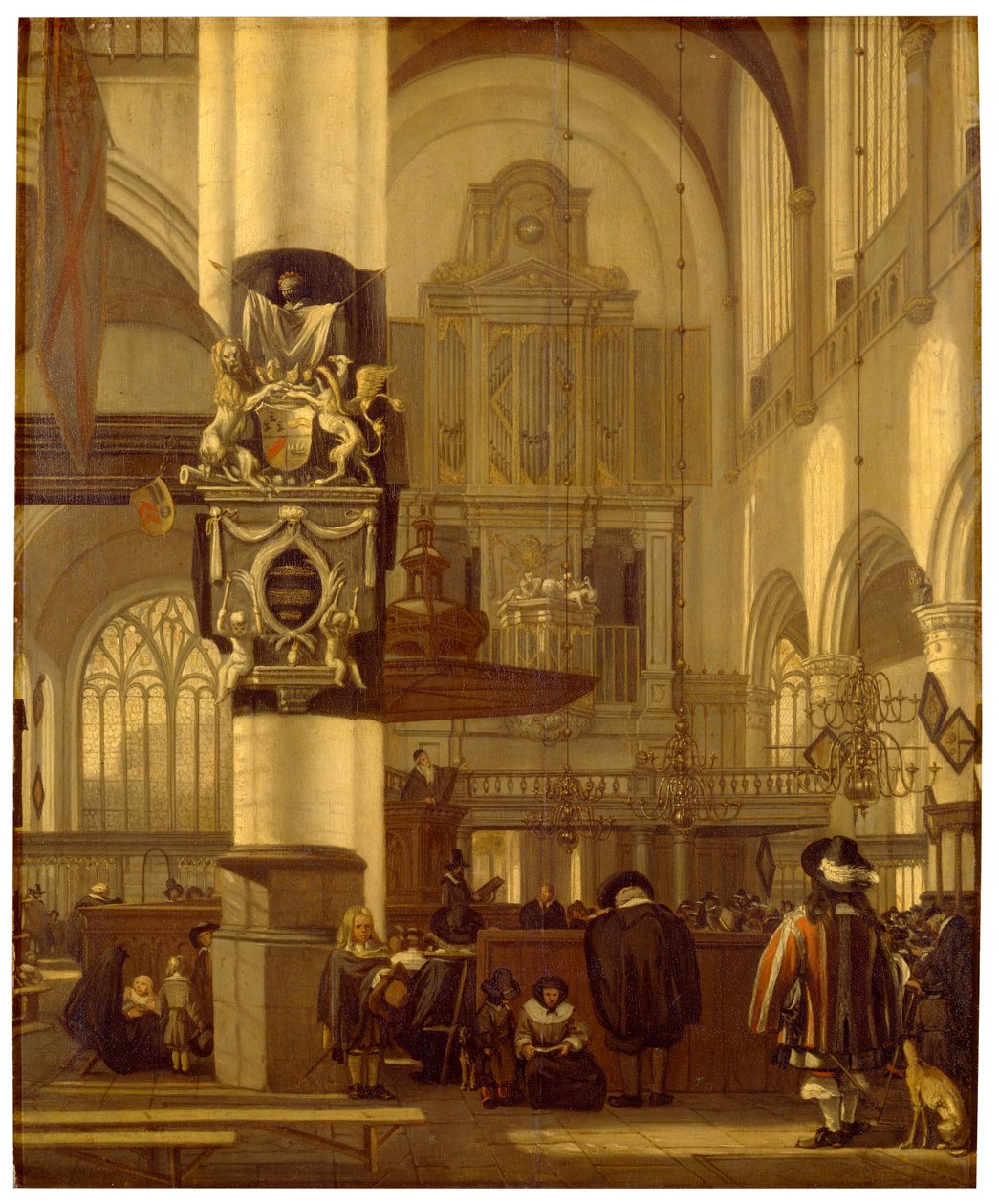 Interiør i en kirke (olje på panel) av Emanuel de Witte