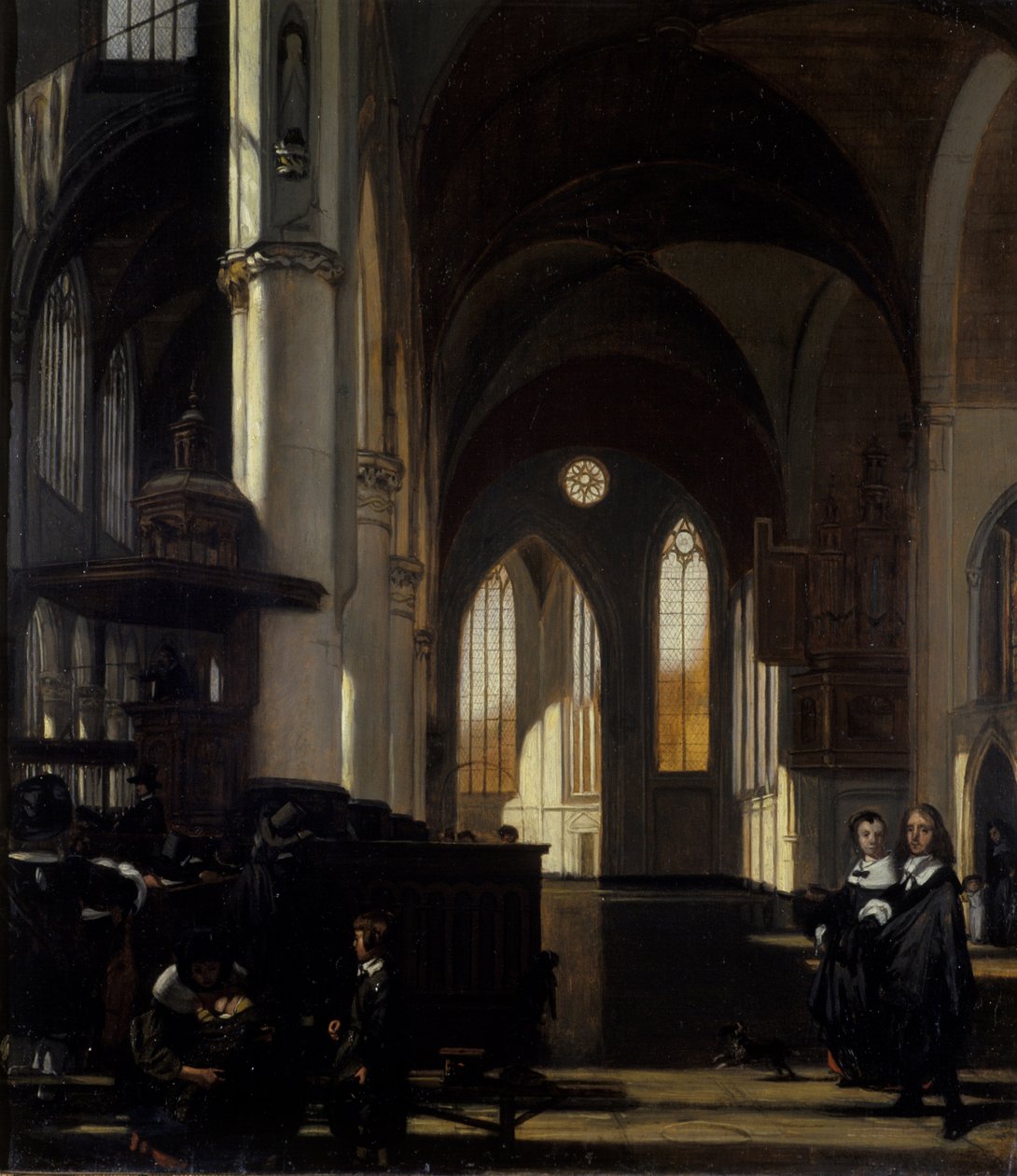 Interiøret til en gotisk kirke, ca. 1650 (olje på eik) av Emanuel de Witte