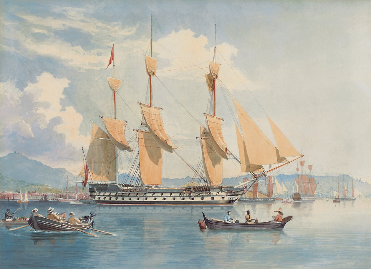 HMS Ganges ligger for anker og tørker seilene hennes utenfor Rio de Janeiro av Emeric Essex Vidal